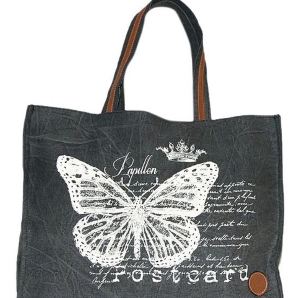 Le Papillon-Postcard vintage dark gray canvas/leather butterfly tote NWT LAST 1!